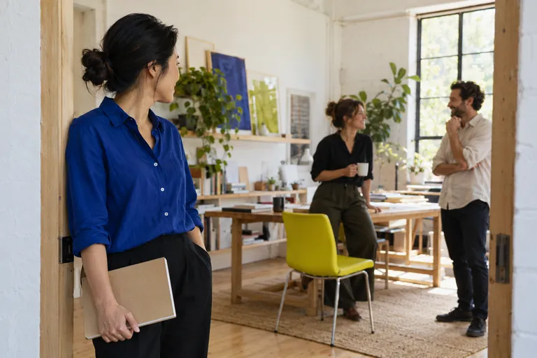 A woman in a cobalt shirt stands at the entrance to a small team workspace