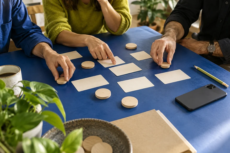 Three colleagues arrange blank cards and wooden markers to discuss a communication route