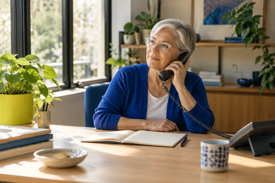 A silver-haired colleague listens on a desk telephone in a sunlit office