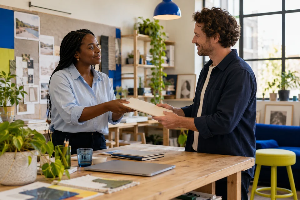 Two colleagues pass a plain folder between them during a handover