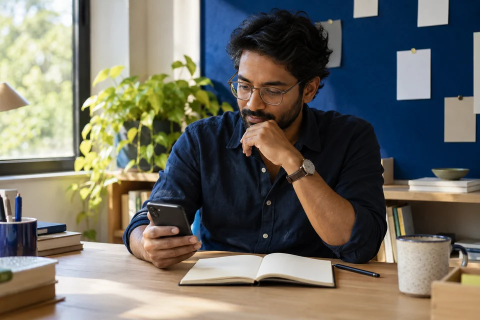 A colleague reviews a phone beside a blank notebook