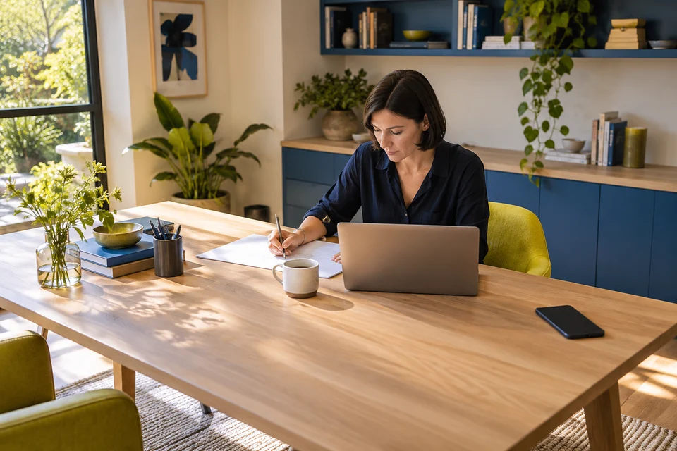 A woman prepares a plan at a clear desk with her phone set aside