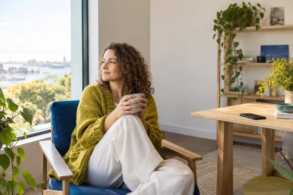 A woman takes a quiet break by a window while her phone rests on a side table