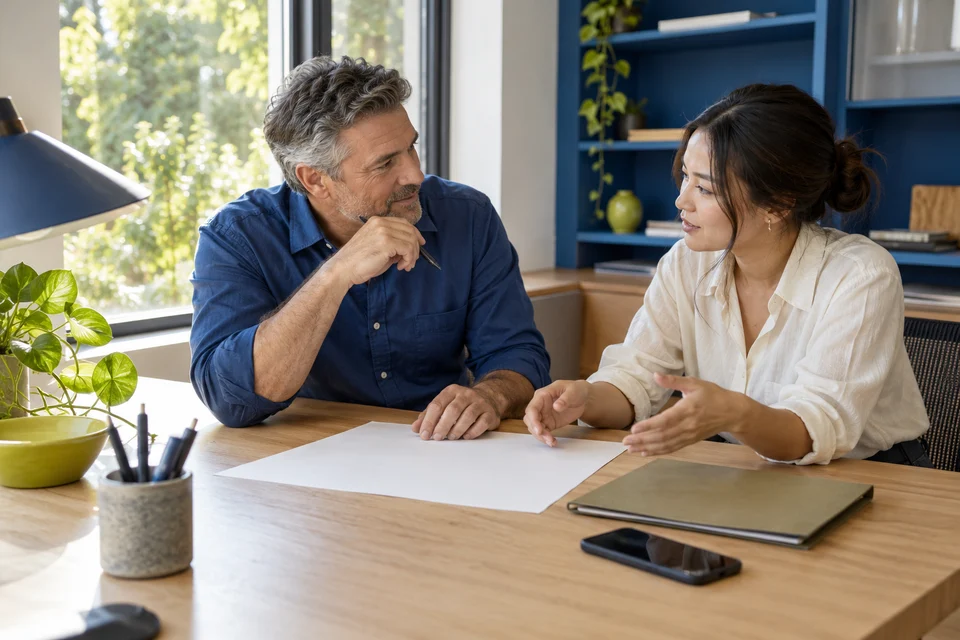 Two colleagues review a blank sheet at a corner desk