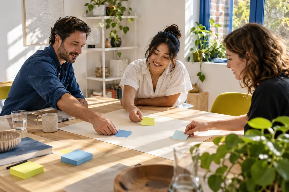 Three colleagues place notes on a shared planning sheet